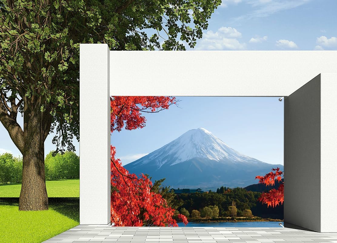 7x8ft Japan Mount Fuji Lake Garage Door Decor Snow Mountain Scene Red Maple Leaves Calm Blue Lake Forest Natural Landscape Garage Door Cover for Travel Themed Backdrop Decor