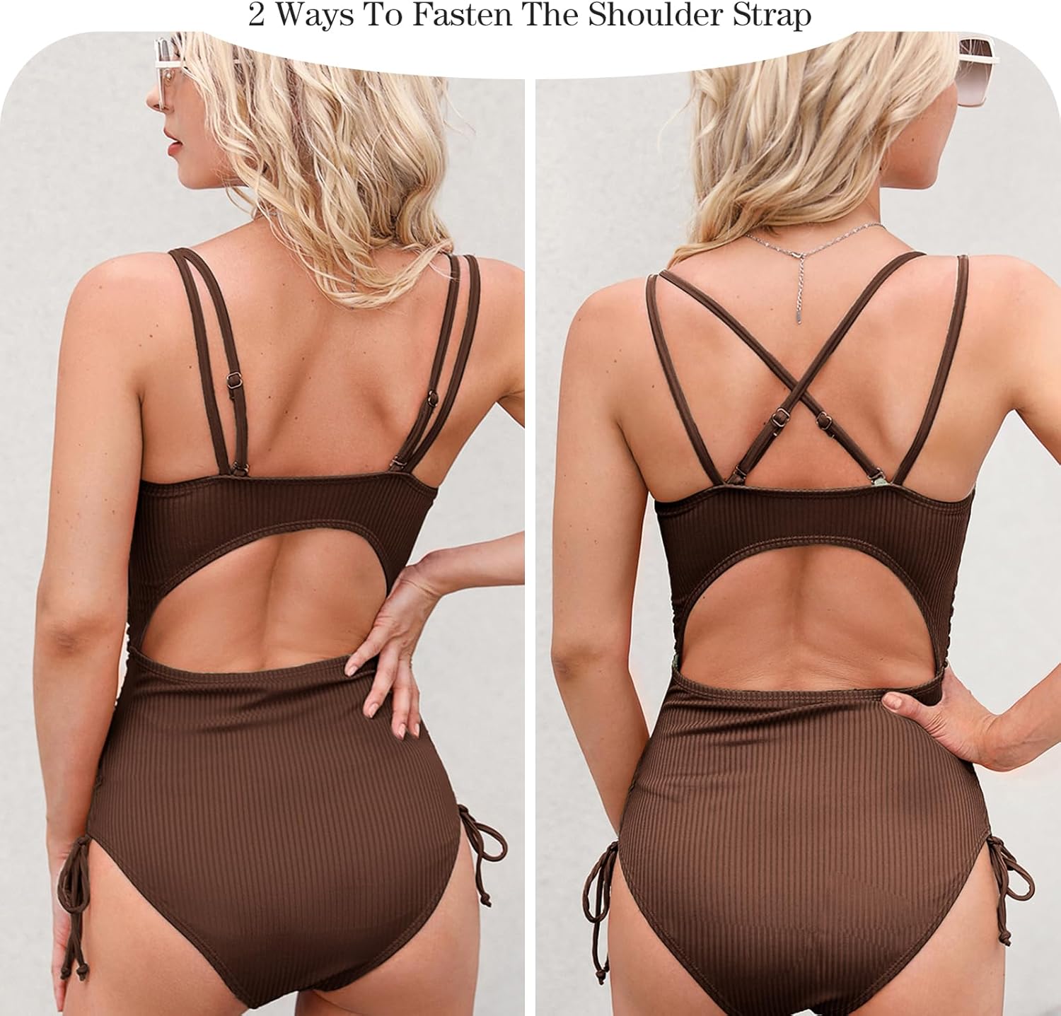 meioro Women's Ribbed Ruched Swimsuit V Neck One Piece Swimming Costume, Dept Tummy Control Drawstring High Cut Swimwear - Image 4