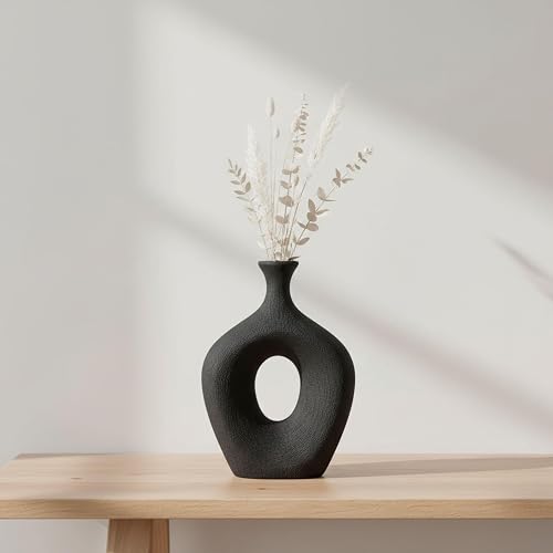Modern Ceramic Vase with Hollow Center for Living Room Decor - Decorative Flower Vase for Home Decor and Room Display - Sculptural Accent for Bedroom, House, Office and Table - 13", Black