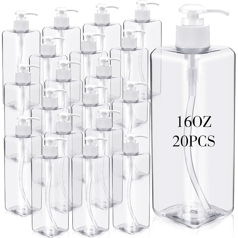 20 Pack 16oz/ 500ml Plastic Empty Bottles Refillable Shampoo Containers with Pump Lightweight Square Soap Dispenser Bottles for Essential Lotions, Shampoos, Conditioner, Massage Oil (Clear, White)