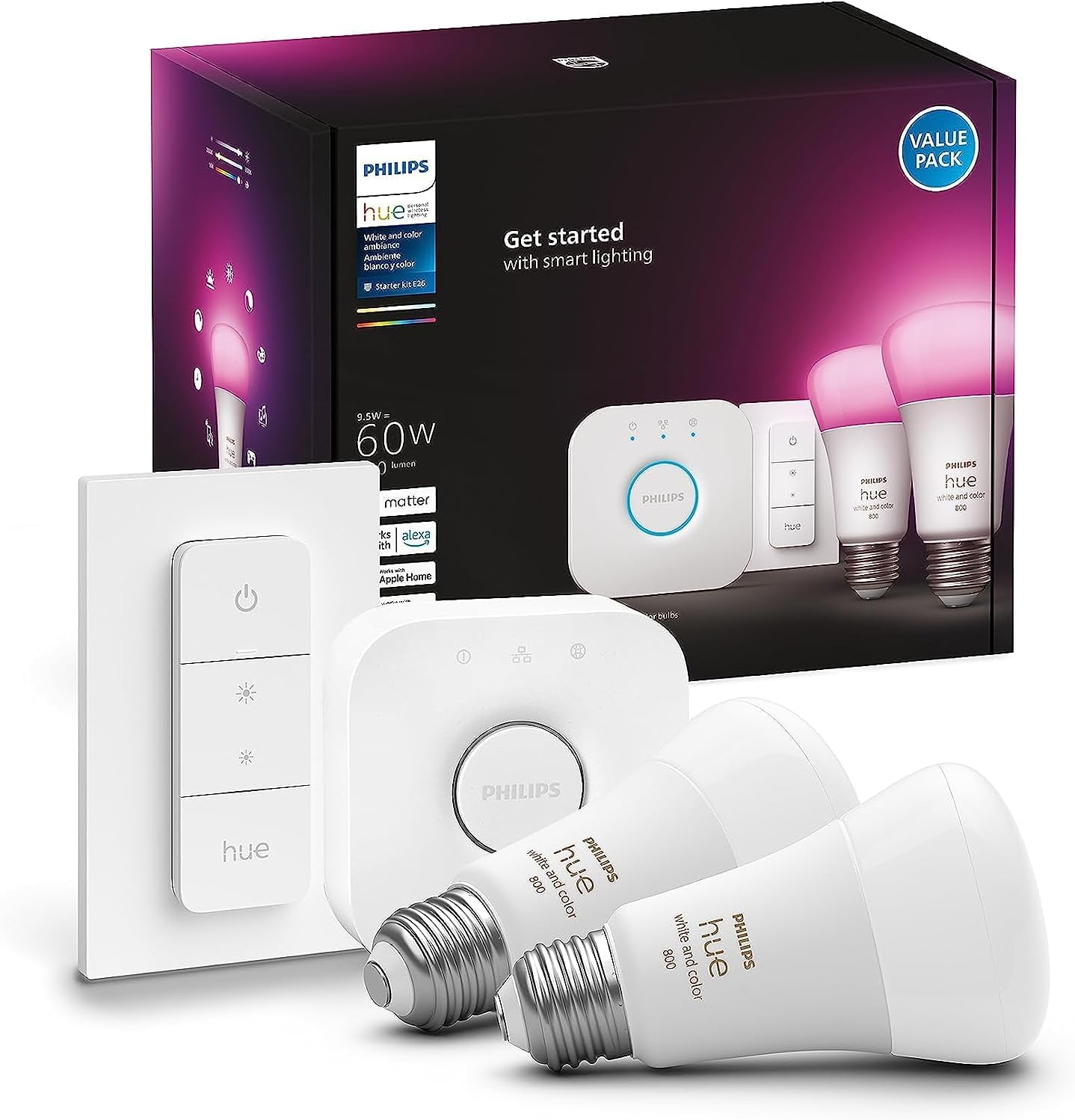 Smart Light Starter Kit - Includes (1) Bridge, (1) Dimmer Switch and (2) A19 LED Bulbs - White and Color Ambiance Color-Changing Light - 800LM - E26 - Control with App or Voice Assistant