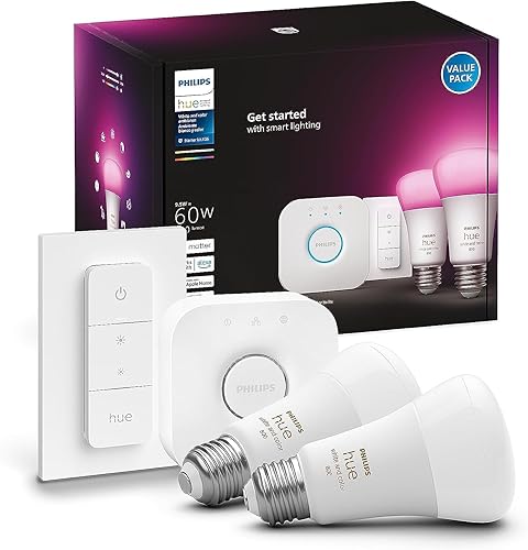 Kit de inicio de luz inteligente Philips Hue - Incluye (1) puente, (1) interruptor de atenuación y (2) bombillas LED A19 - Luz de ambiente blanco y