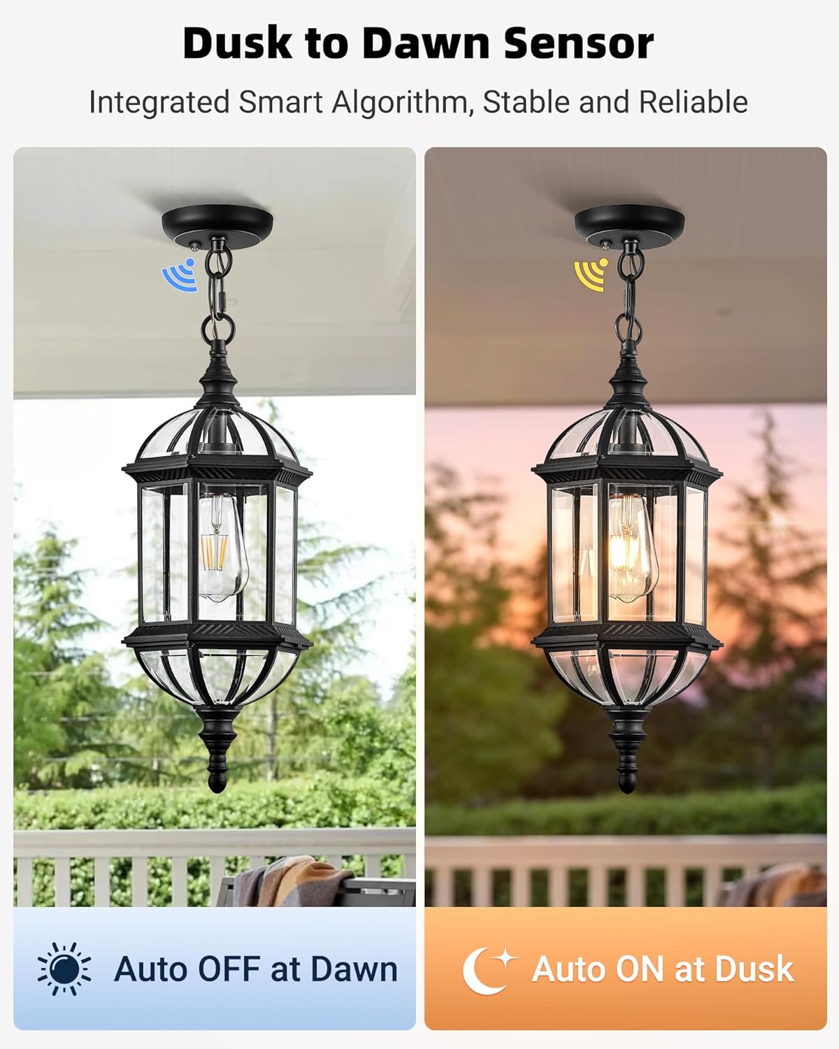 VIANIS 20" Large Dusk to Dawn Outdoor Hanging Lights, Black Outside Pendant Light, Waterproof Exterior Ceiling Lights for Patio, Porch, Entryway, Anti-Rust Adjustable Length Chandelier, Hardwired