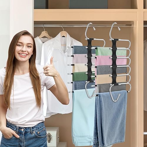 Vista 55 de Perchas para pantalones de 9 capas que ahorran espacio, paquete de 2 estantes multifuncionales de acero inoxidable organizador de armario