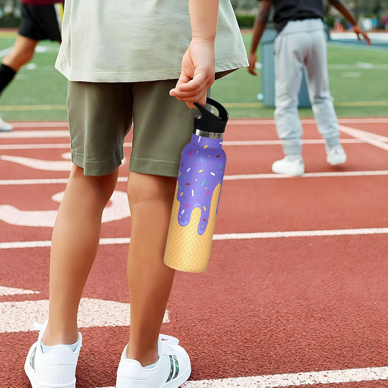 Water Bottle with Straw Lid Purple Ice Cream Cone Kids Insulated Stainless Steel Water Flask Sports 20 Oz