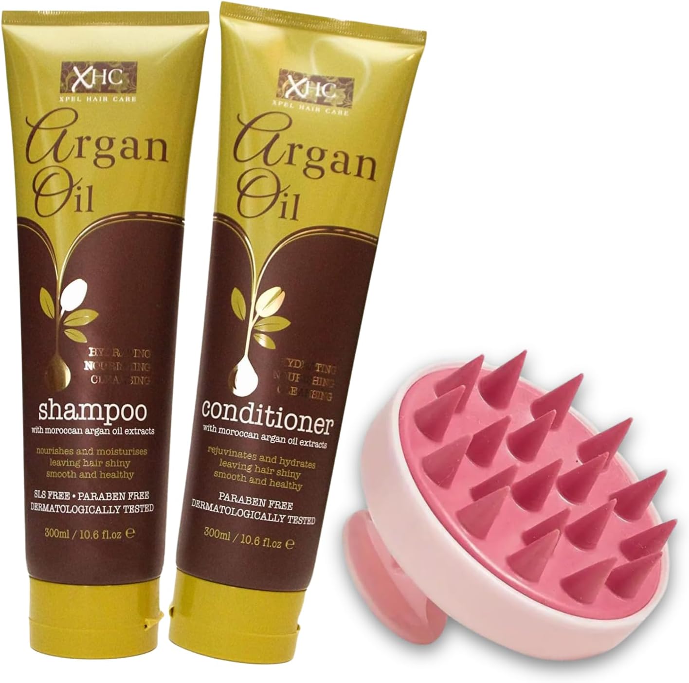 ARGAN OIL Shampoo & Conditioner Set – Large 300ml Bottles + Silicone Scalp Massager Brush | Sulphate Free, Nourishing Hair Care Gift Set for All Hair Types, Color Safe, Coconut Infused