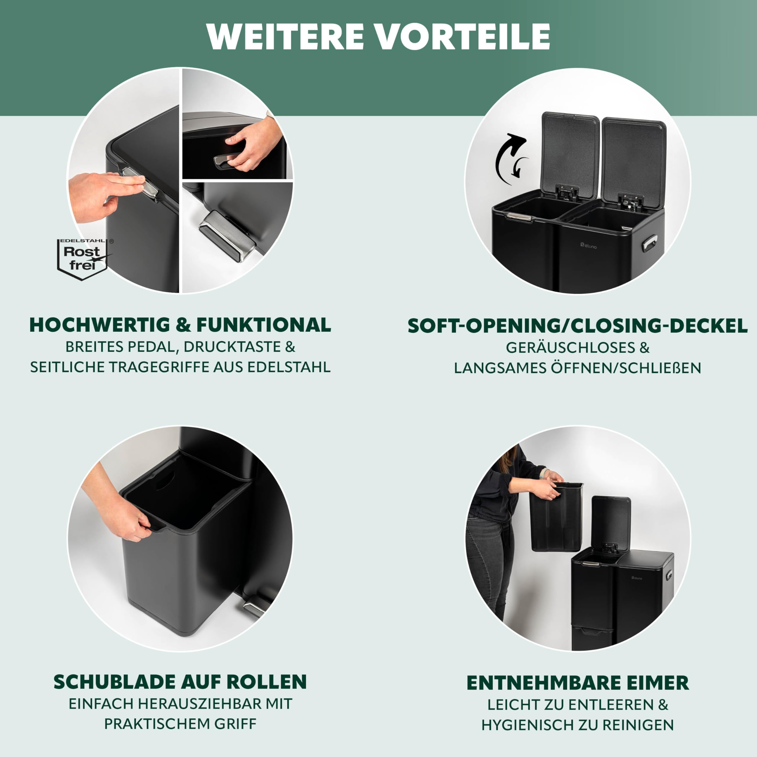 eluno Abfalleimer 54 Liter Fassungsvermögen, Treteimer mit 3 Behältern aus Kunststoff für Mülltrennung, Mülltrennsystem aus Metall, Schwarz