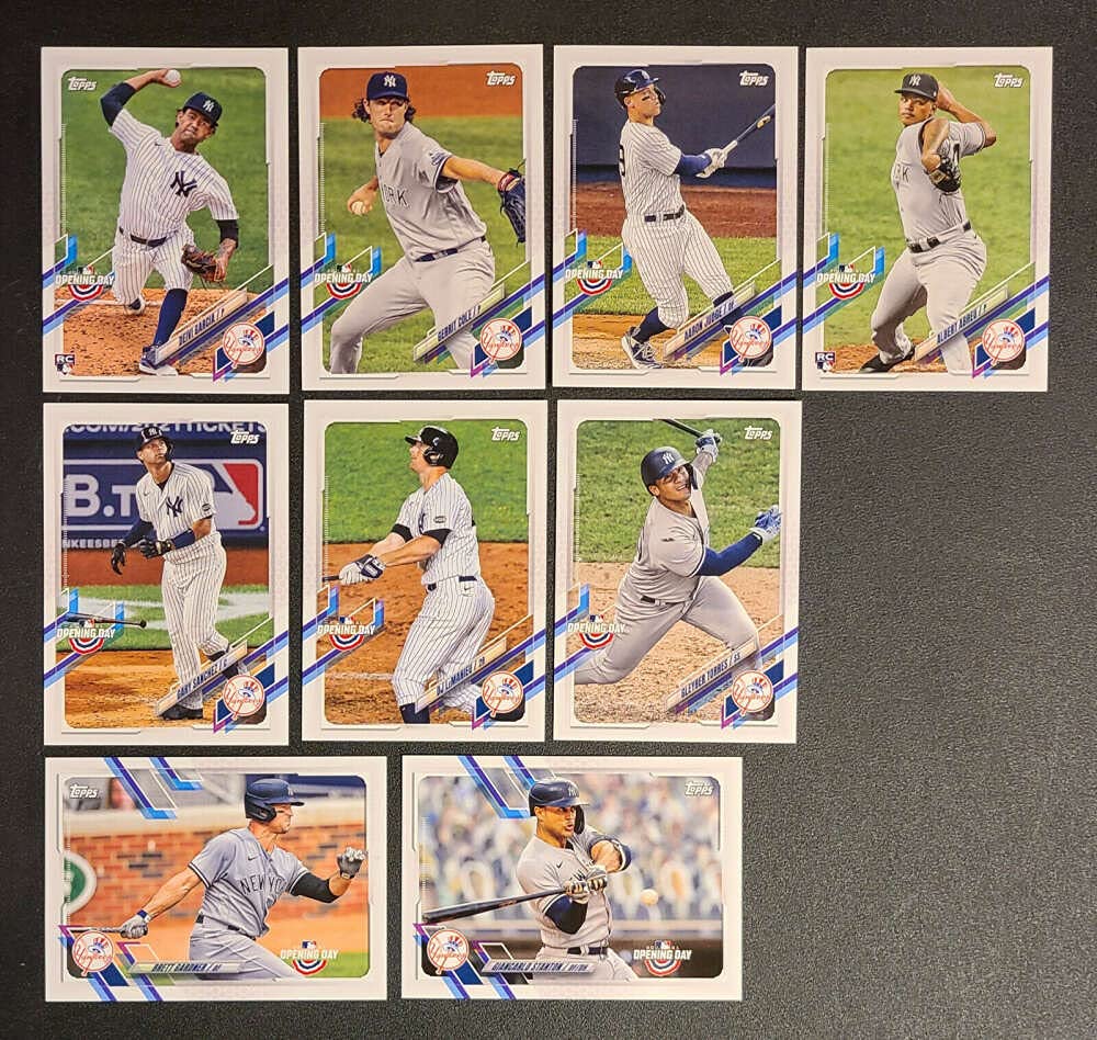2021 Topps Opening Day Baseball New York Yankees Base MLB Hand Collated Team Set in Near Mint to Mint Condition of 9 Cards: 13 Deivi Garcia RC 26 Brett Gardner 38 Gerrit Cole 93 Giancarlo Stanton 99 Aaron Judge 118 Albert Abreu RC 144 Gary Sanchez 155 DJ LeMahieu 177 Gleyber Torres