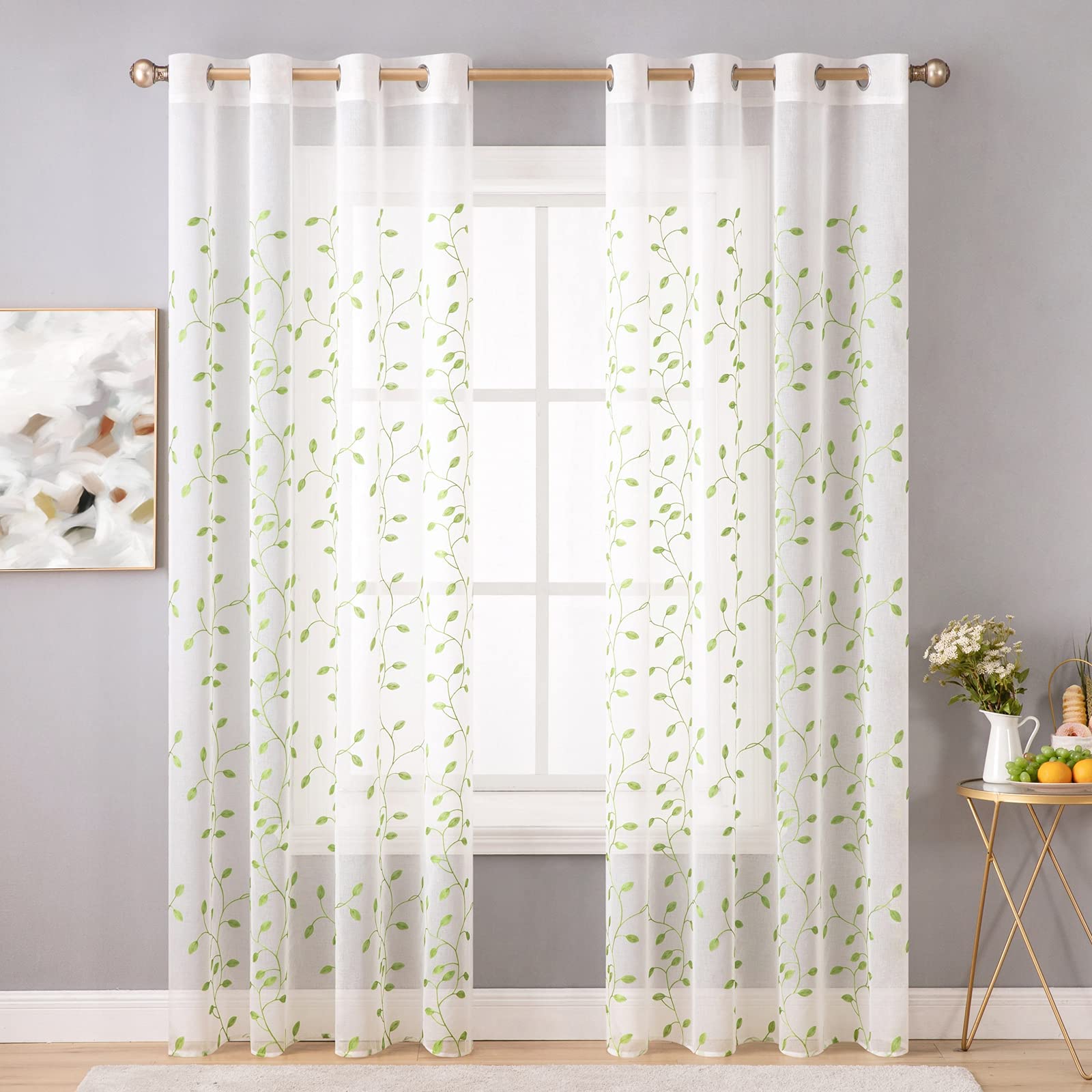 MIULEE Vitrage, geborduurde bloemen, met ogen, transparante gordijnen, 2 stuks ooggordijnen, gaas, voor woonkamer, slaapkamer, 225 cm x 140 cm (h x b), set van 2 stuks