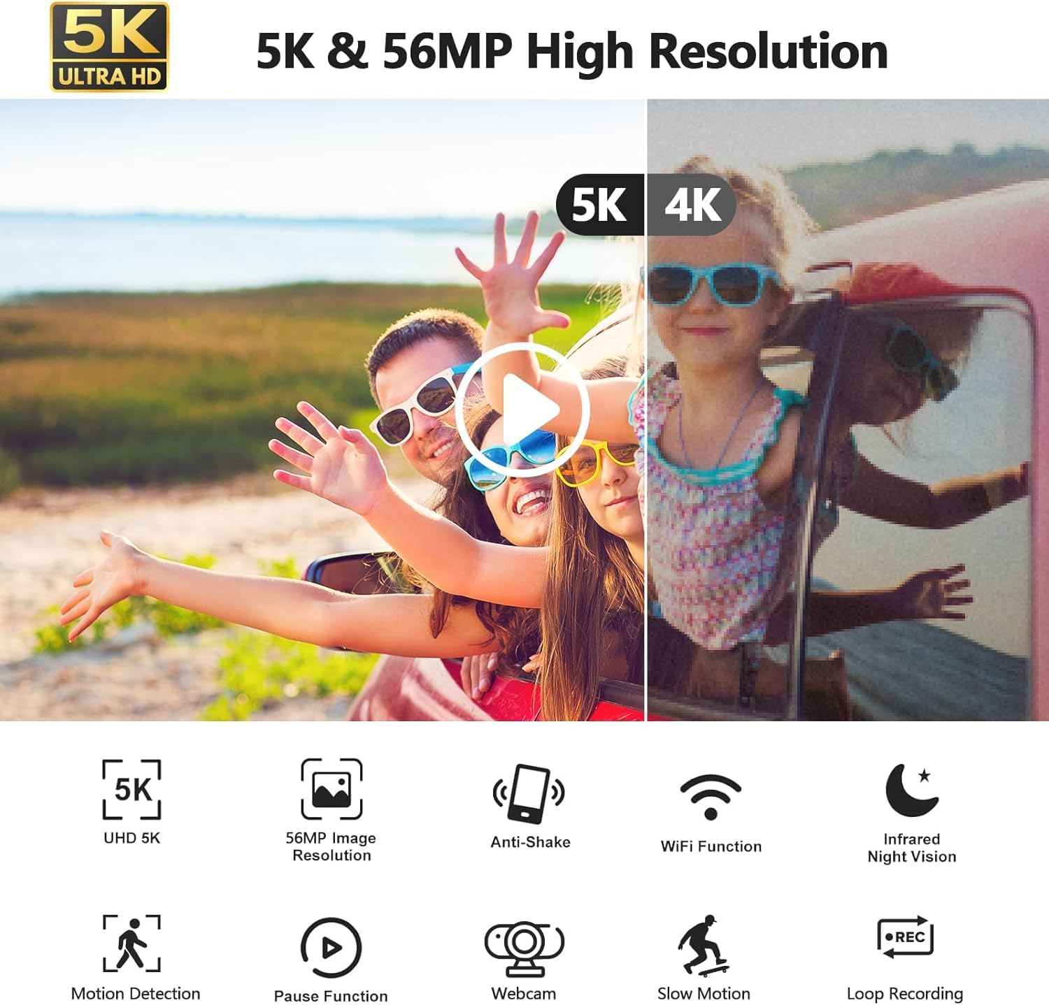 Cámara de vídeo 5K 56MP Videocámara Vlogging Cámara,WiFi Visión Nocturna 3" 270° Pantalla táctil giratoria Vlog Cámara con Tarjeta de 64GB, Micrófono, Estabilizador,Control Remoto,2 Baterías,Trípode
