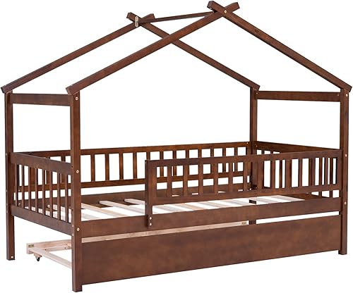 Miniatura 38 de Bellemave Cama de casa tamaño matrimonial con barandillas de valla, marco de cama de madera estilo Montessori para niños, divertidas camas de casa