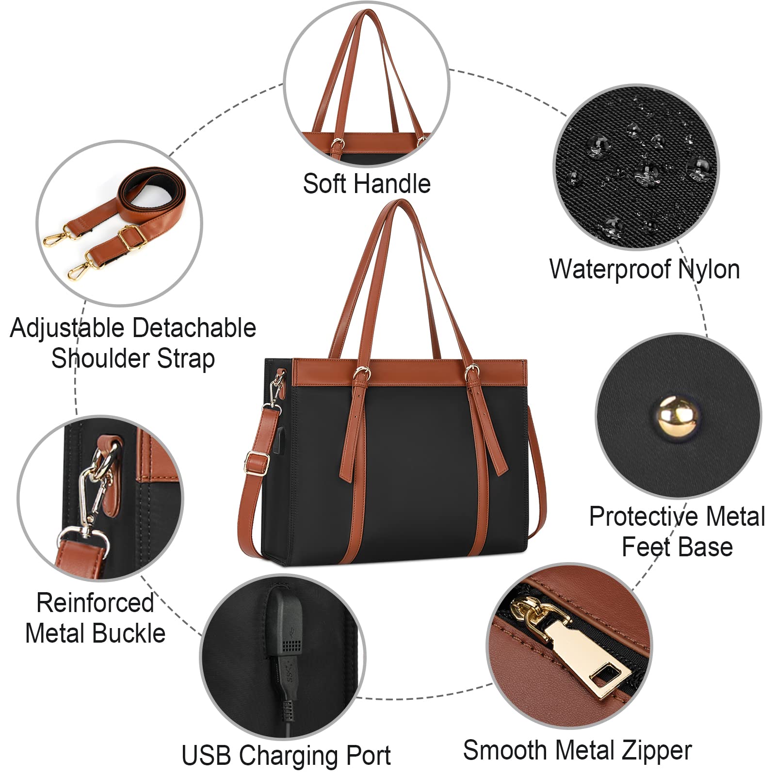 KTMOUW Shopper damska duża torba na laptopa o przekątnej ekranu 15,6", wodoszczelna, biznesowa, do szkoły, na laptopa, torba na ramię z przyłączem USB, czarny, Retro