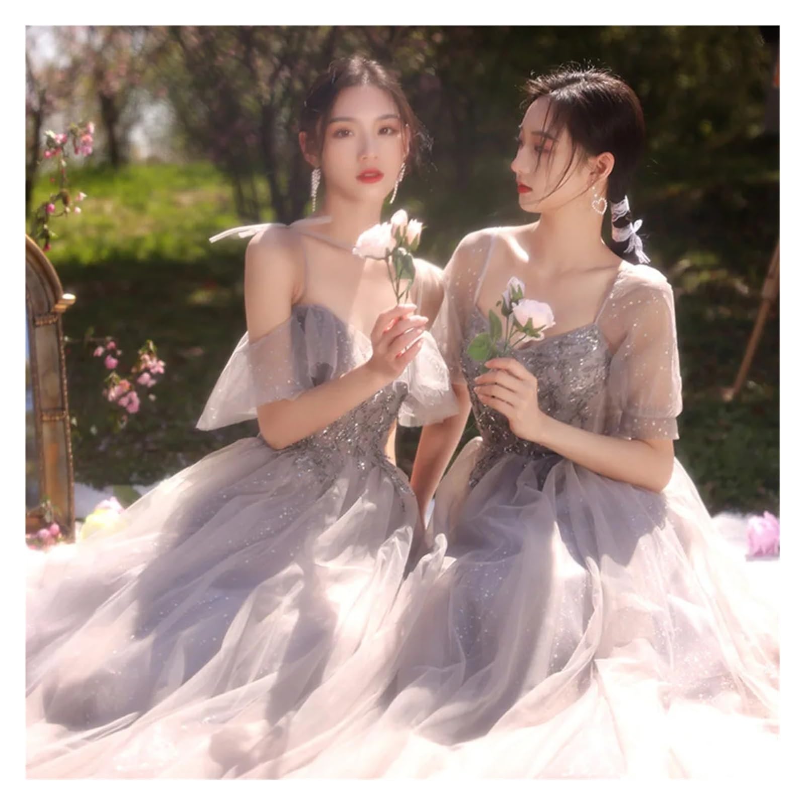 Robe de demoiselle d'honneur en Tulle, 4 Styles, avec des appliques élégantes, manches courtes, douce, ligne a, longueur cheville, robe d'invité de fête de mariage Pour Mariage CéRéMonie(Grey Long D,1