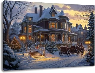 Canvas Wall Art Prints Victorian Snow Carriage Decorations Lampposts Realism Warm Colors Large Framed Artwork Wall Paintings Pictures Posters 24"x36" Wall Decor for Living Room Office Bedroom