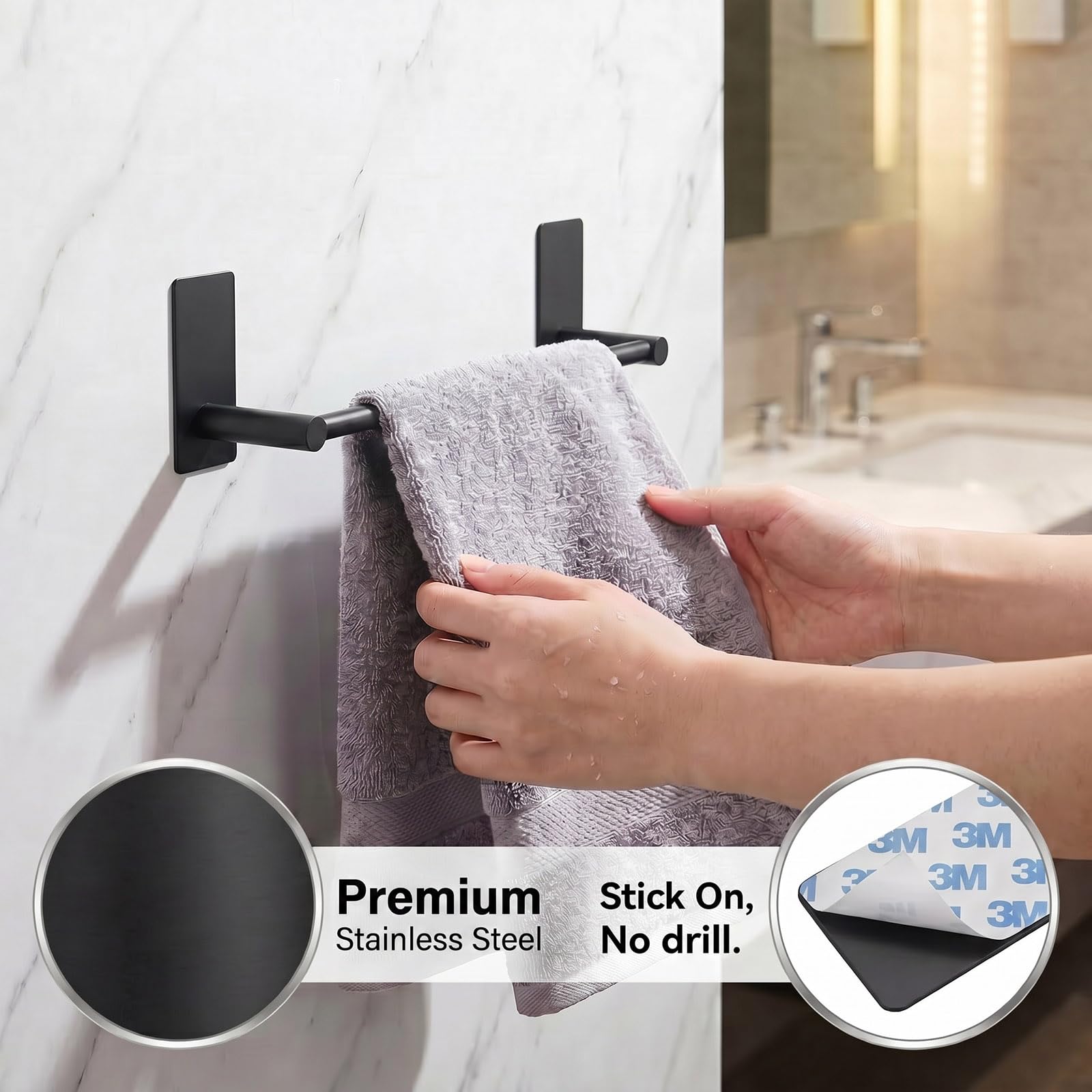 Songtec Toallero Adhesivo Negro de 16 Pulgadas, toallero de baño sin Taladro, Soporte de Toalla de Montaje de Cinta de Fuerte adherencia, Acero Inoxidable, Negro