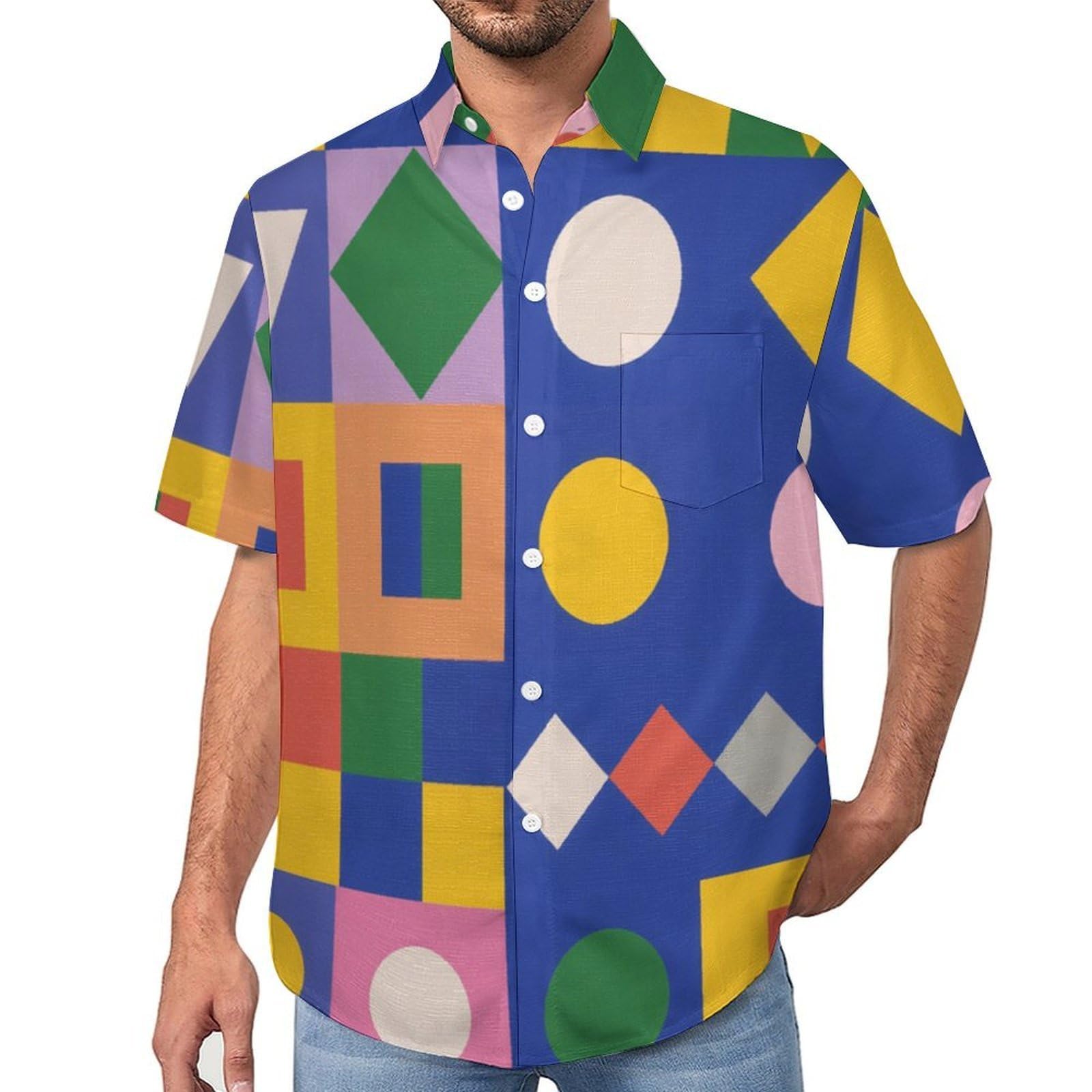 Funky Camicia Hawaiana Uomo, Manica Corta Design Aloha Camicie con Bottoni, Estiva Camicie a Grafica Geometrica Colorata Casual Stampa Spiaggia Estate Moderna Camicia