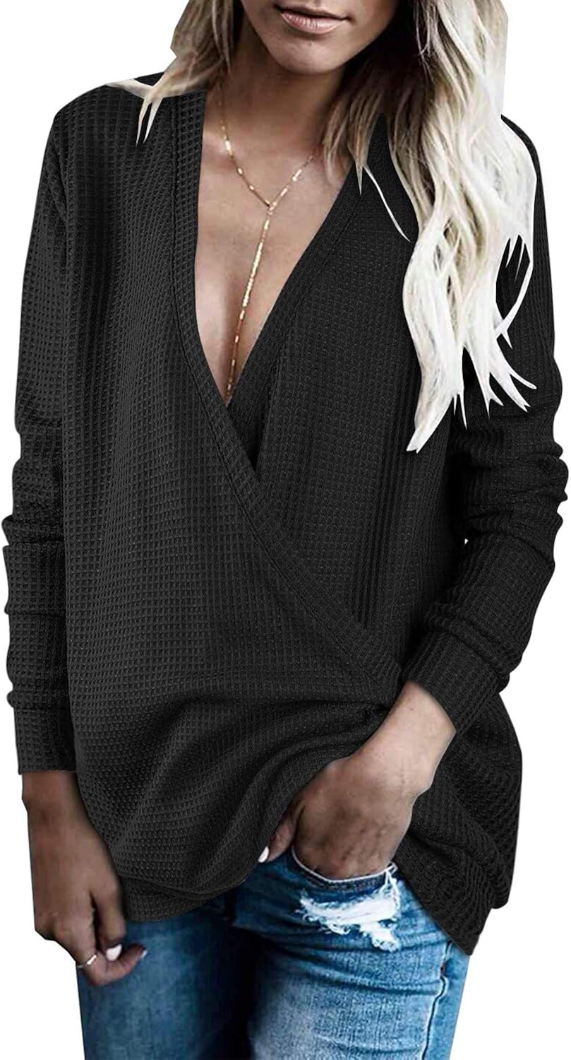 OUGES Womens Knitted Wrap Front Deep V-Neck Sweater Long Sleeve Loose Pullover Jumper Tops