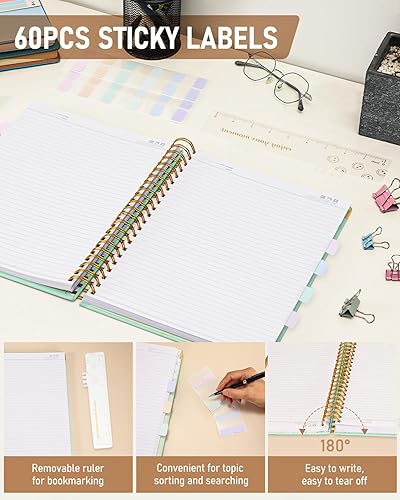 Miniatura 5 de Nicpro Cuaderno de espiral de 8.5 x 11 pulgadas, 300 páginas de tapa dura de cuero, cuaderno de notas de bobina verde mar con 60 pestañas de índice