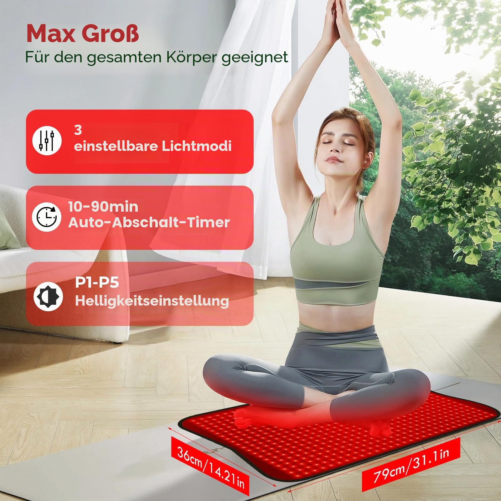 600 LED Rotlichtpad, 120 cm x 60 cm großes Rot und Nahinfrarotlichtpad für den ganzen Körper, 660 nm & 850 nm, 6 Timerstufen & 5 Helligkeitseinstellungen, 3 Modi