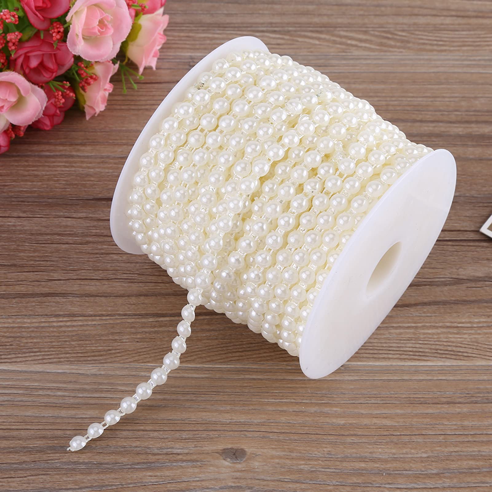 Jwthee Half Round Pearl Bead Garland String, 25M 1Roll Craft String Pearls Bead Faux Pearl Beads Garland Artificial Pearls Chain Trim for Christmas Wedding Party Home Decoration (Beige)