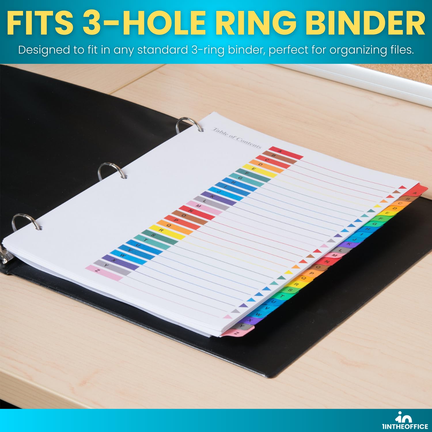 1InTheOffice Divisores alfabéticos para carpetas de 3 anillos, separadores de carpetas de pestañas A-Z, tabla de contenido personalizable, pestañas multicolor, 4 juegos