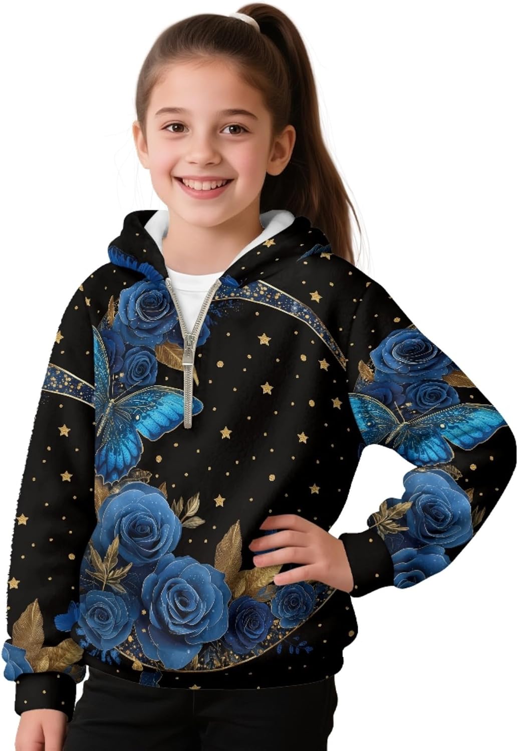 AmzPrint Toddler Girl Quarter Zip Fleece Hoodie Long Sleeve Pullover Basic Jogger Blue Roses Butterfly Stars Print Black Pullover Hoodies For Big Girls