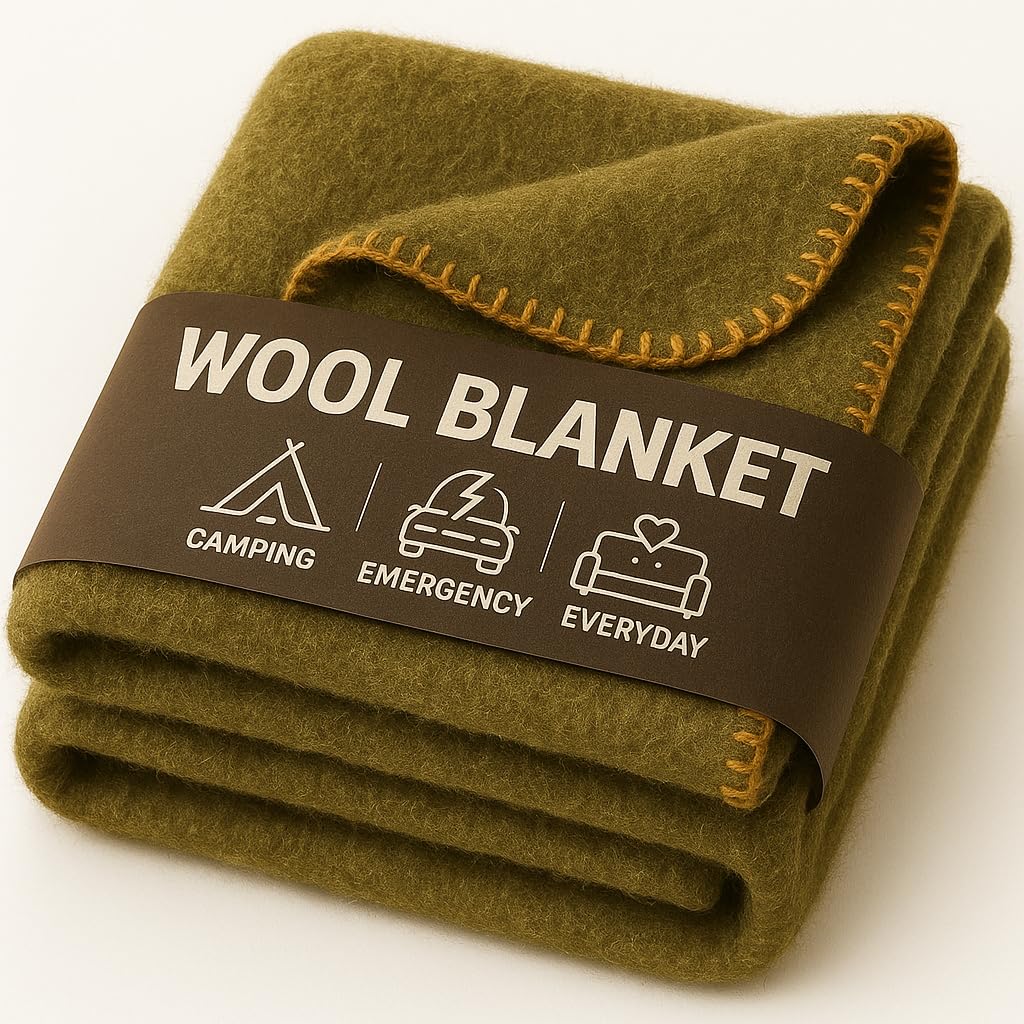 Wool Camping Blanket – 70% Wool Heavy-Duty Military Style Throw, Warm & Washable, Fire Retardant Cover for Emergency, Survival & Outdoor Use – Perfect