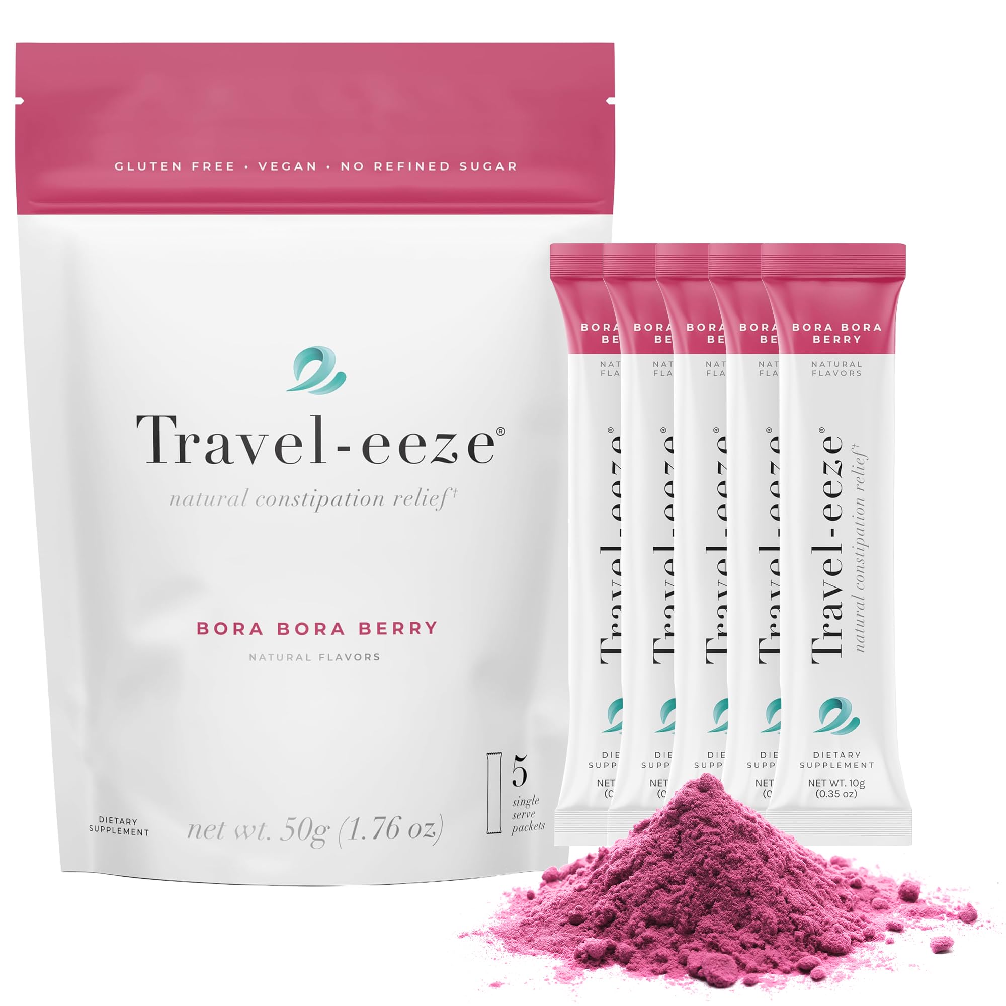 Travel-eeze Digestive Wellness Powder – Raspberry Flavored Daily Gut Support Supplement – Gluten Free, Non-GMO Travel Size Stick Packets – Supports Digestive Balance & Regularity | 1 Pouch (5 Sticks)