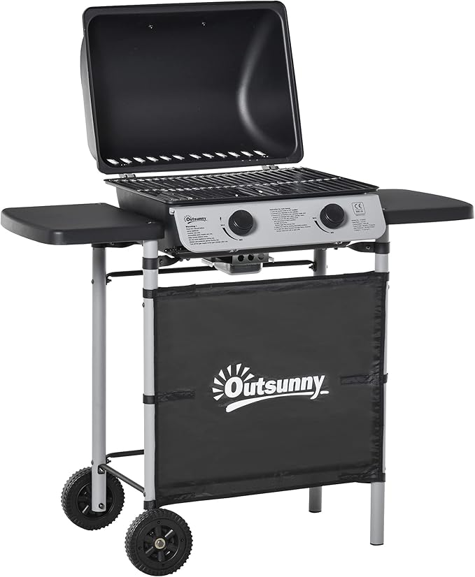 Outsunny Barbacoa de Gas con 2 Quemadores de 5,6 KW BBQ de Gas Portátil con 2 Ruedas 2 Mesas Laterales y Parrillas de Ac