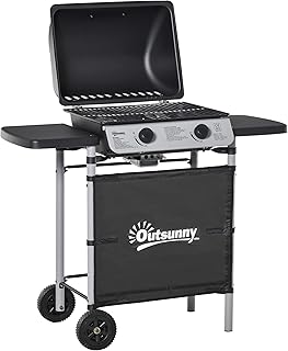 Outsunny Barbacoa de Gas con 2 Quemadores de 5,6 KW BBQ de Gas Portátil con 2 Ruedas 2 Mesas Laterales y Parrillas de Acero para Camping Picnic 104x49x99 cm Negro