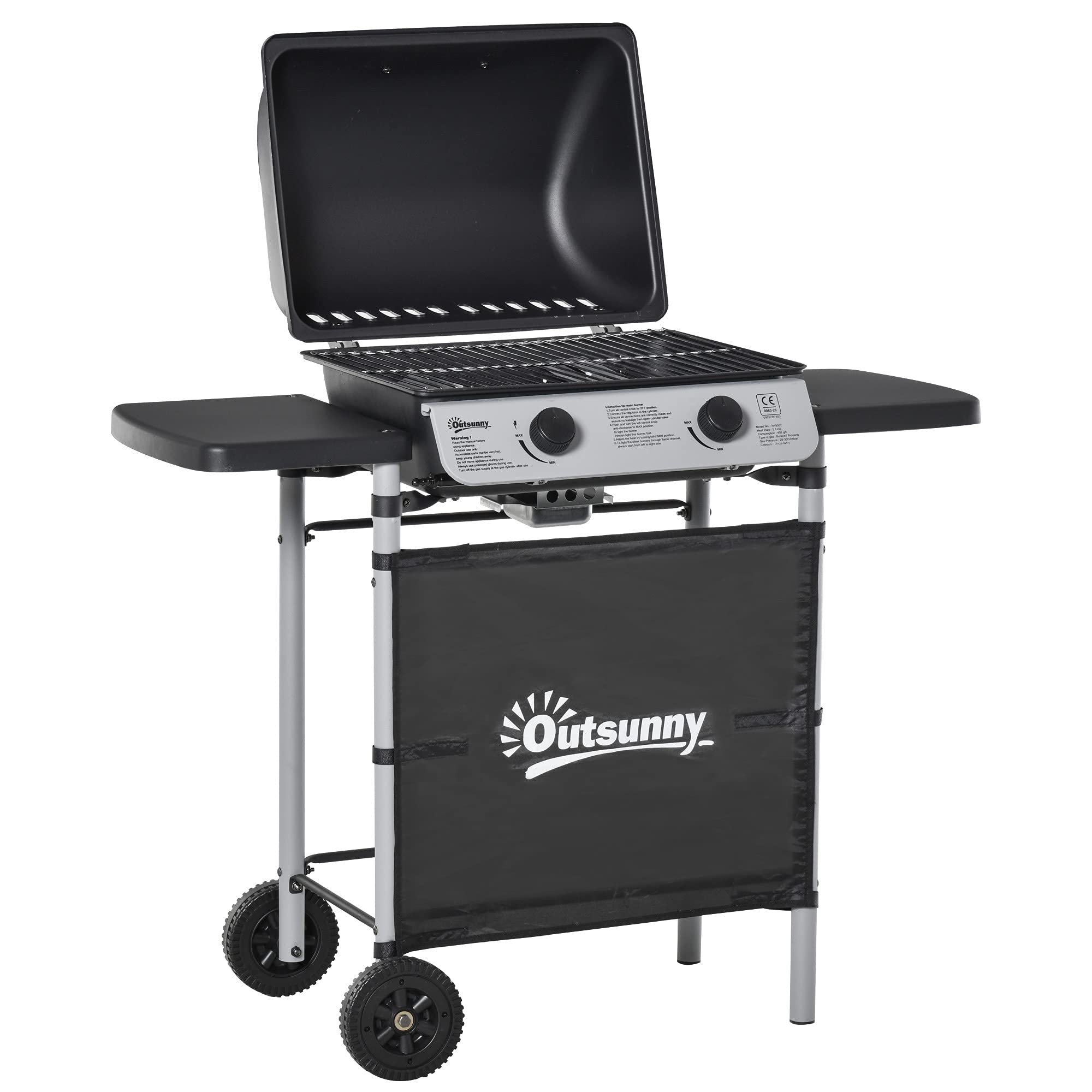 Outsunny Barbacoa de Gas con 2 Quemadores de 5,6 KW BBQ de Gas Portátil con 2 Ruedas 2 Mesas Laterales y Parrillas de Acero para Camping Picnic 104x49x99 cm Negro