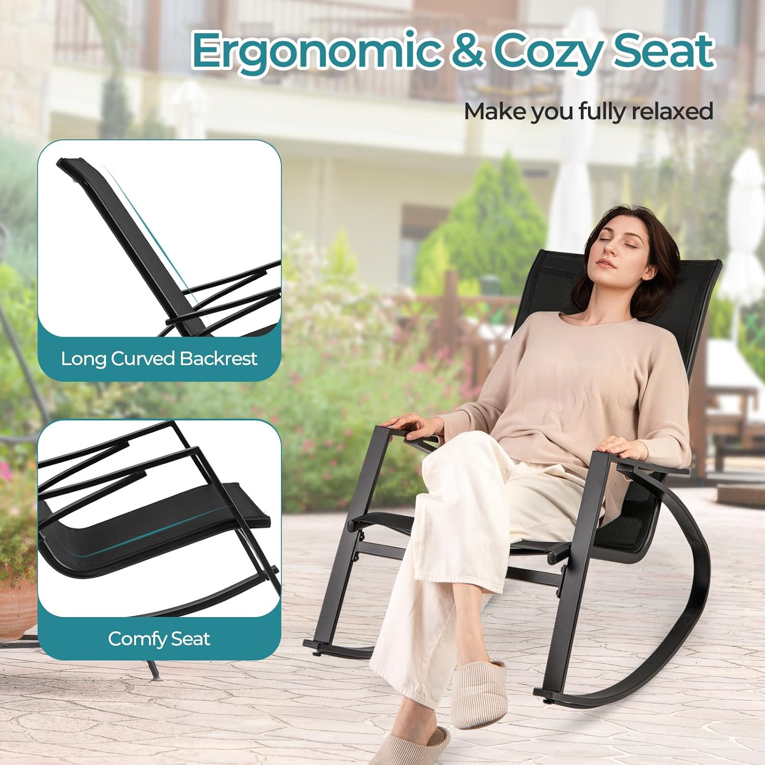 Tangkula Outdoor Rocking Chairs Set of 2, Patio Sling Fabric Rockers with Ergonomic Backrest & Seat, Safe Stoppers & Non-Slip Rubber Mats, Metal Frame Rockers for Backyard, Front Porch (Black)