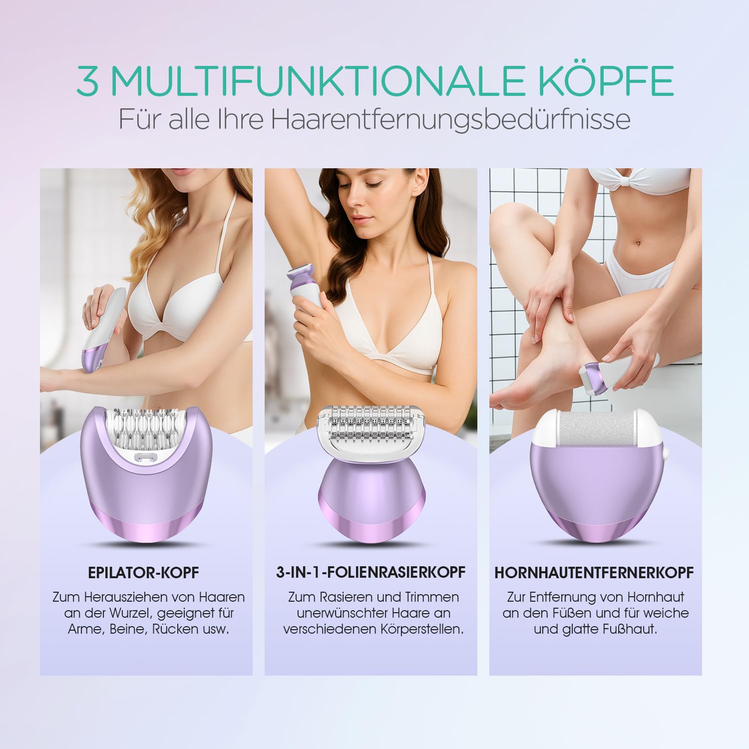 VOYOR Epilierer Damen Kabellos Nass & Trocken 3 Aufsätze 30 Pinzetten LCD-Licht BM300 Lila