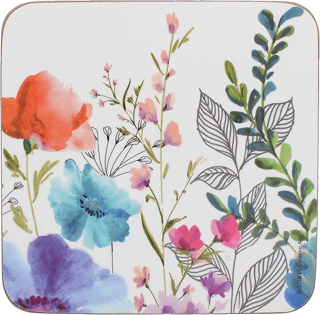 Creative Tops C000338 Meadow Floral Printed Cork-Backed Drink Coasters, Square, Multi Colour, 10.5 cm, Set of 6