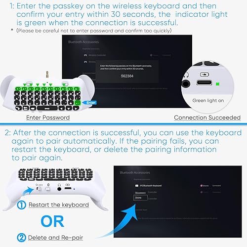 Miniatura 6 de FYOUNG Teclado para PS5 Edge Controller con retroiluminación verde, Bluetooth 3.0 Mini teclado portátil de mensajes Chatpad, altavoz incorporado y