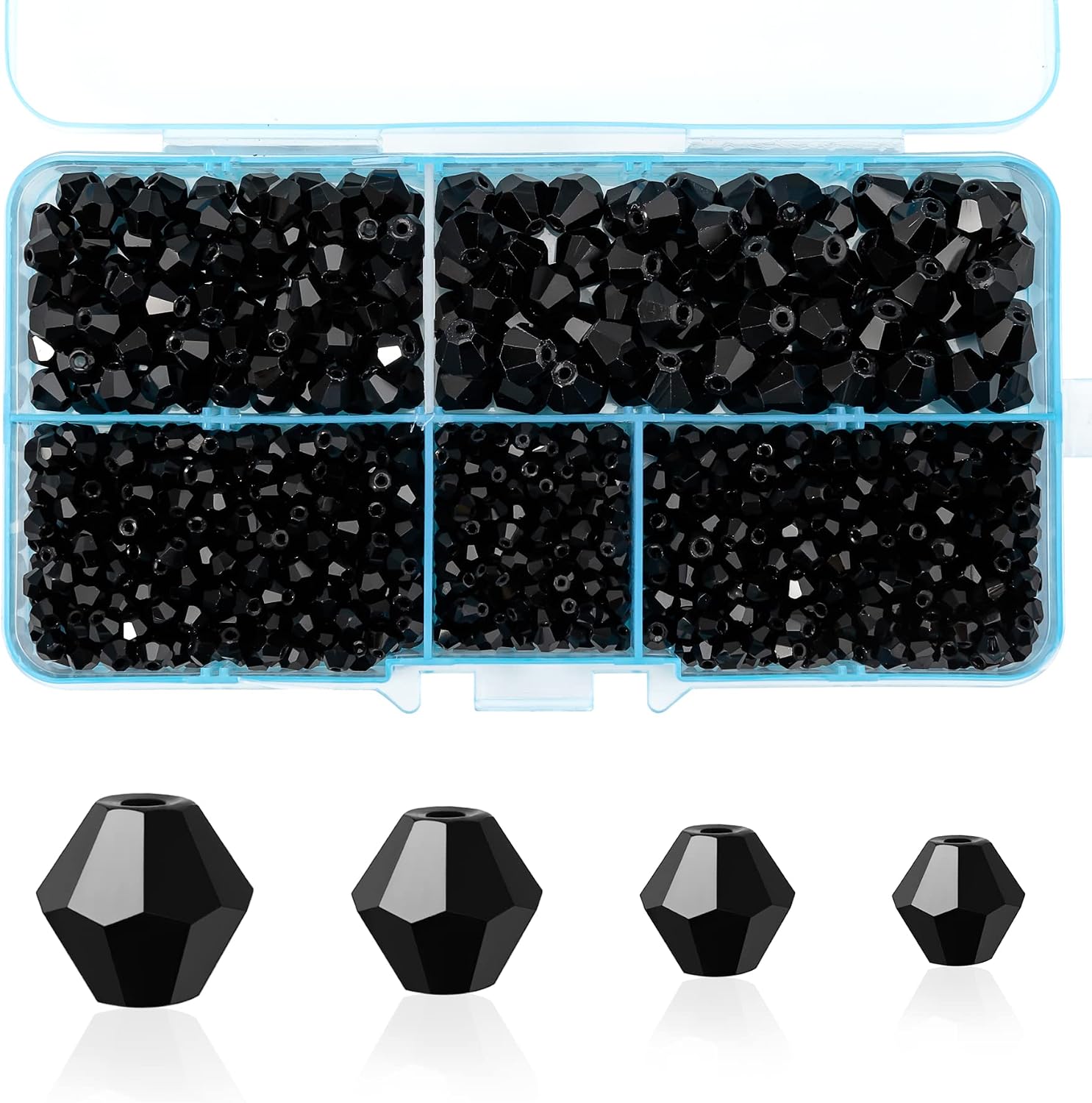 MissAudrey Bicone Crystal Beads for Jewelry Making Lot 850pcs 3mm 4mm 6mm 8mm Black Faceted Bicone Shaped Glass Beads for DIY Craft Bracelets Necklaces Earrings Suncatcher Beading