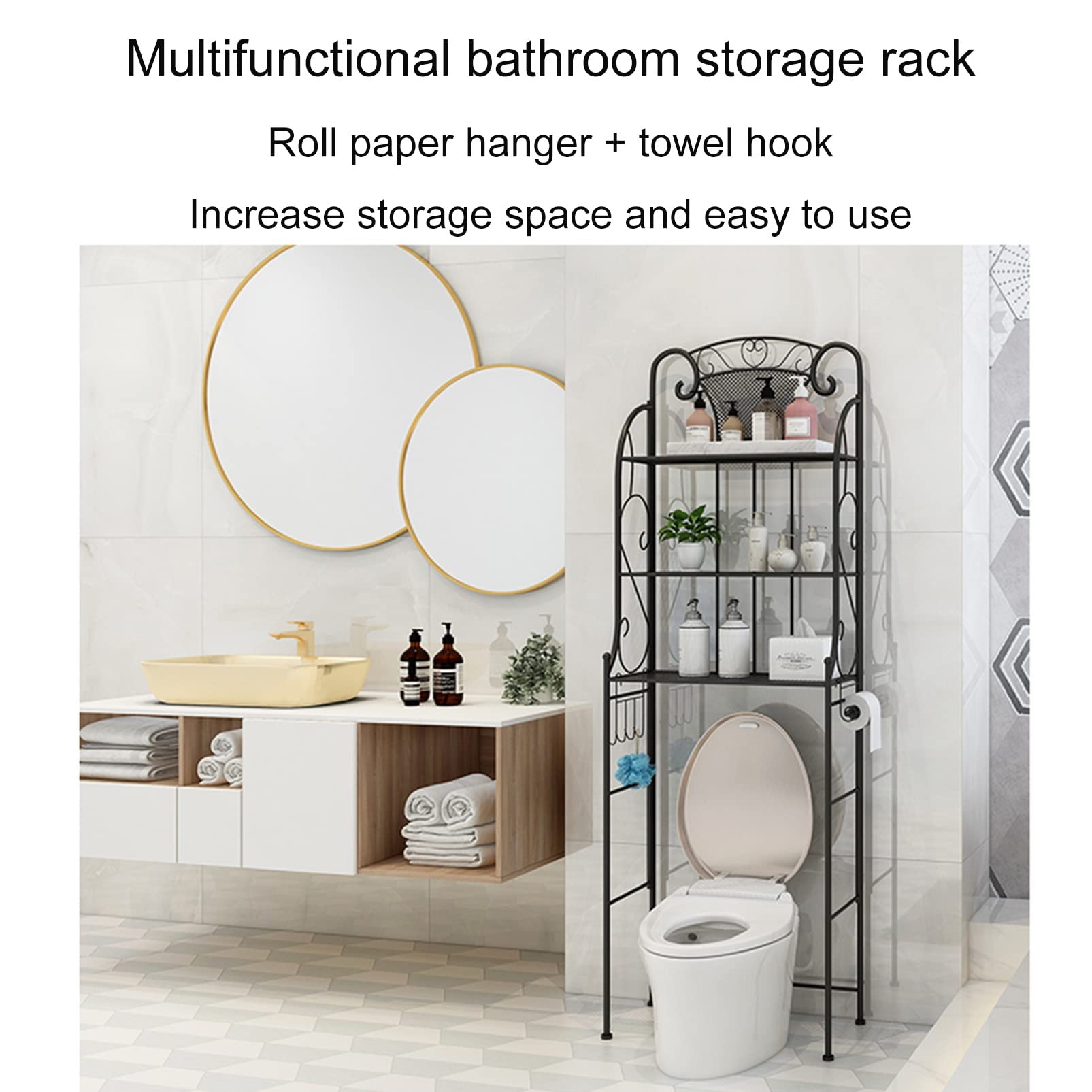 Aufbewahrungsregal über der Toilette, Multifunktionaler Badezimmer-Organizer Freistehender Toilettenständer, Metallregal mit Haken und Toilettenpapierregal