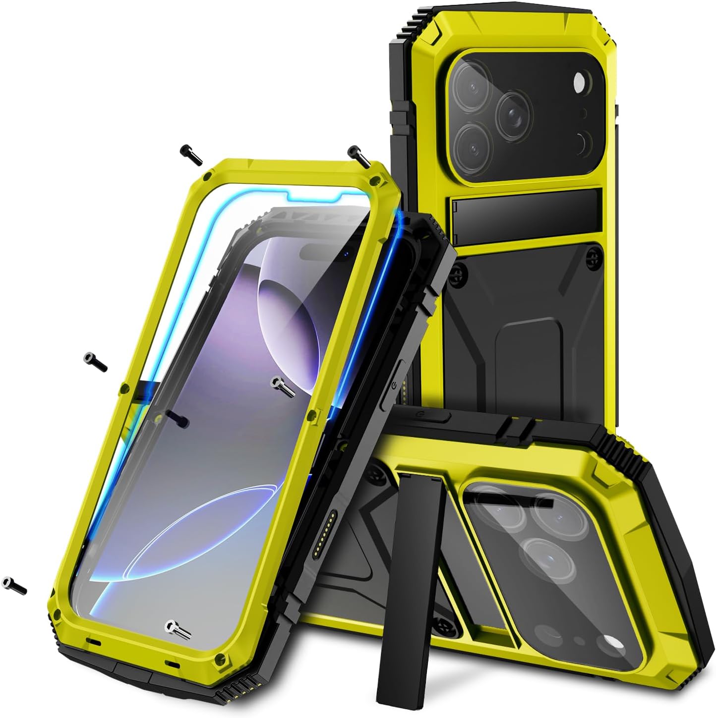 Compatible with iPhone 17 Metal Case, Military Grade Heavy Duty Aluminum Rugged Cover with Built-in Screen Protector Stand Camera Control Shockproof Dustproof Full Body Protection (Yellow)