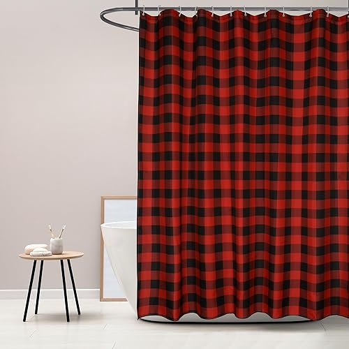 Miniatura 7 de Cortinas de ducha rústicas de poliéster a cuadros rojos y negros, juego de cortinas de ducha de poliéster estilo retro, impermeables, lavables,