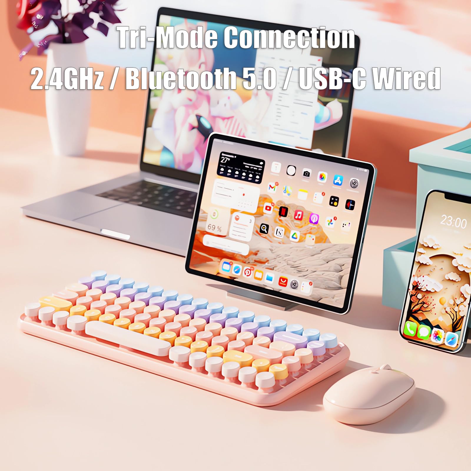 TISHLED Typewriter Keyboard Wireless 2.4GHz/Bluetooth/USB-C Wired Rechargeable Membrane Gaming Keyboard Linear Mechanical-Feel Switch Compact 85-Key Retro Round Keycaps for Multi-Device, Sweet Pink