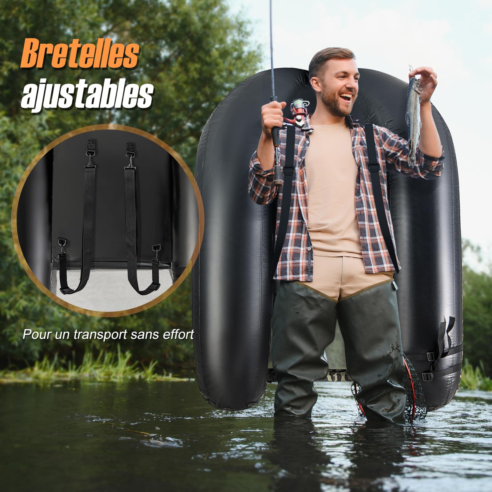 GYMAX Bateau de Pêche Gonflable en Forme de V avec Support de Canne à Pêche, Bretelles de Sac à Dos Ajustables, Poche de Rangement, Règle à Poisson, Bateau de Pêche Pliable avec Palmes, Rames, Pompe