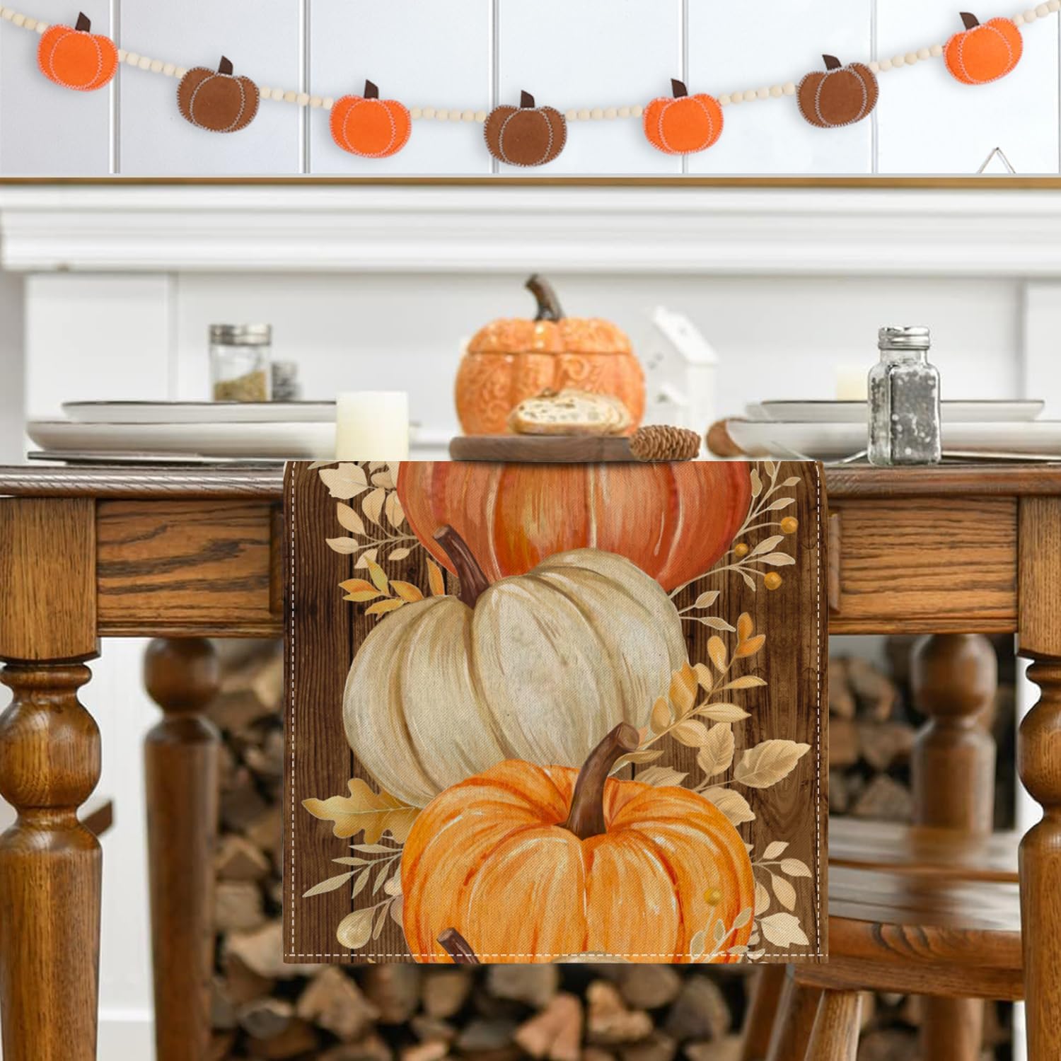 RABUSOFA Pumpkins Golden Maple Leaves Fall Table Runner,Seasonal Autumn Thanksgiving Kitchen Dining Table Fall Decorations for Home Party Decor 13x72 Inch