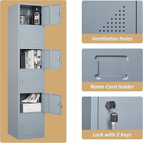 Miniatura 5 de SISESOL Armario de almacenamiento de metal con puertas y estantes, armarios metálicos con 6 puertas, armario de almacenamiento pequeño con cerradura