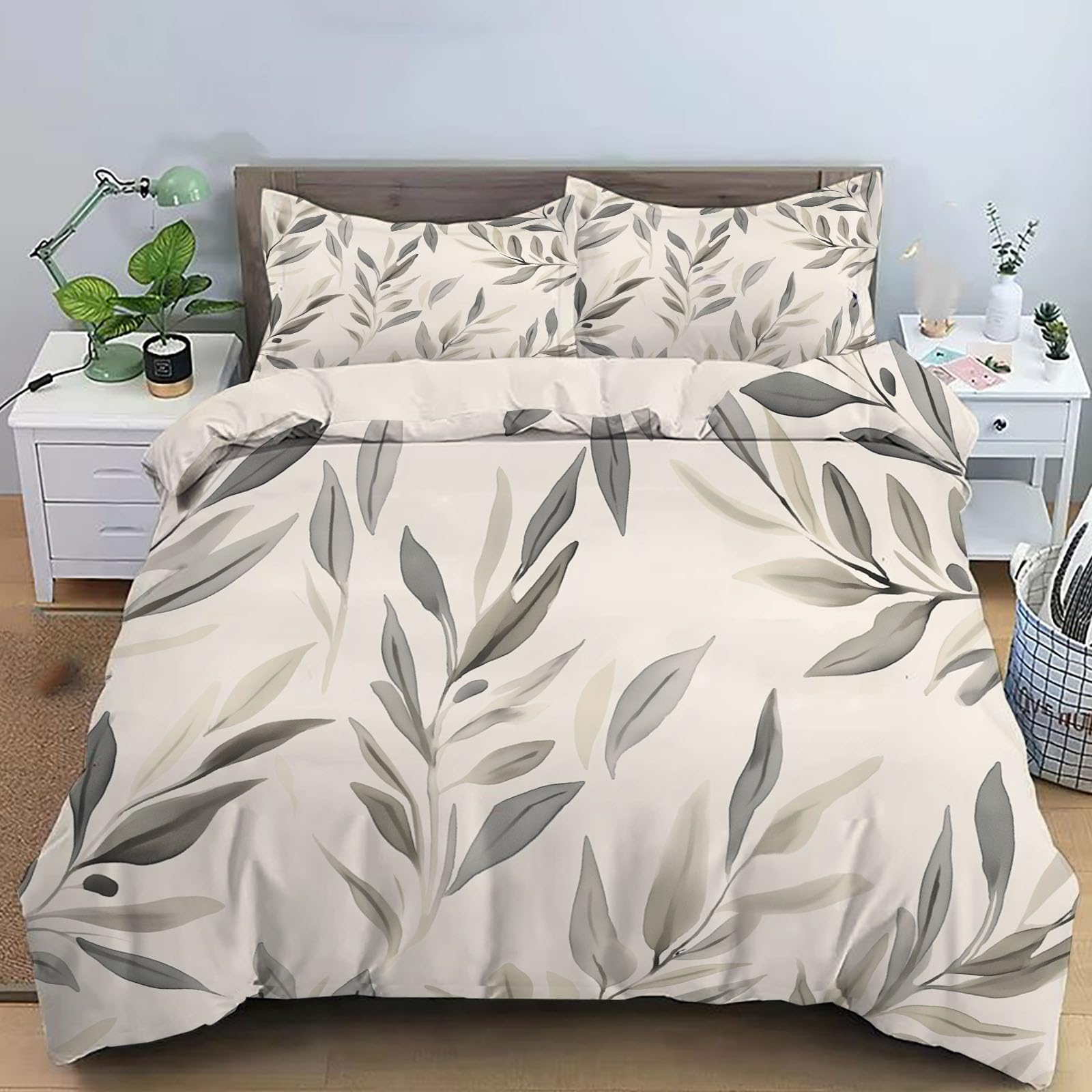 Housse de couette 3 pièces feuilles d'encre beige 220x240cm