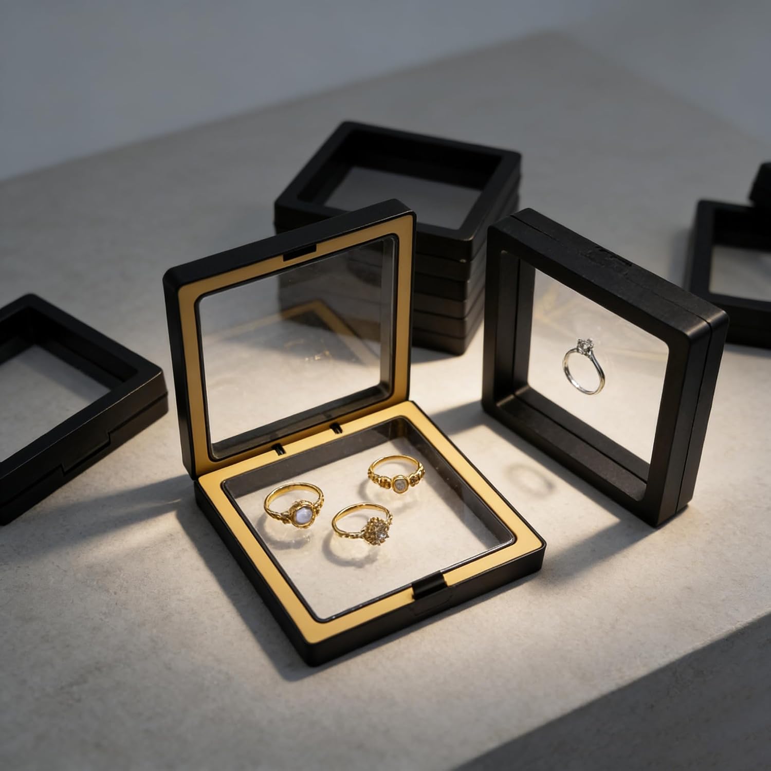 12 PCS Dual-Color Packaging Box 3D Floating Frame Display Stand, Color-Matching Packaging Display Box, Transparent Window Jewelry Case, PE Film Anti-Oxidation Storage Case. (Black+Yellow) image 4