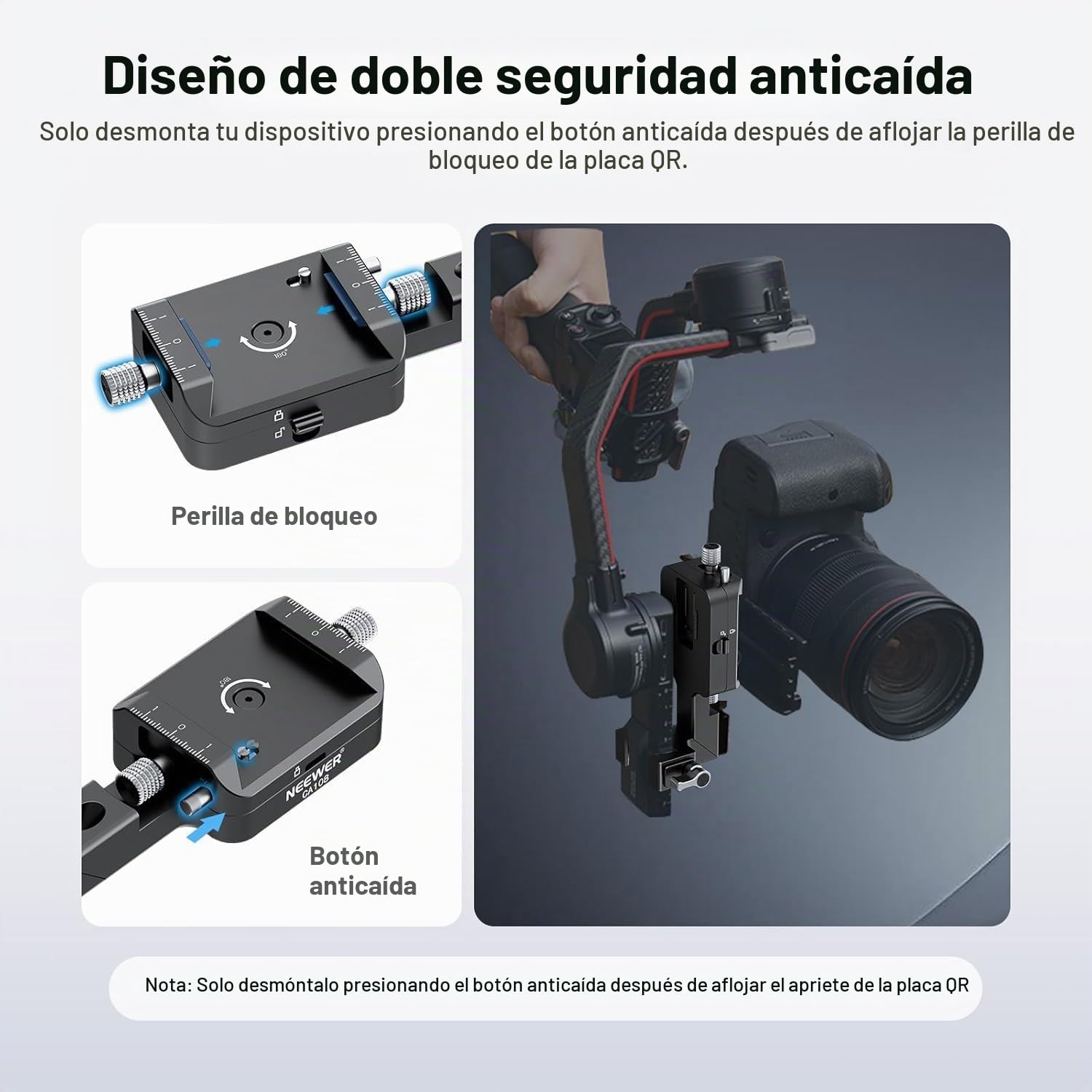 NEEWER RS4/RS3 Montura Cámara,Compatible con dji Ronin RS 4 3 2 Pro Gimbal Stabilizer,1s Cambio Rápido Vertical Horizontal Anticaída Rotación 180°,Clamp on Base para Youtube TikTok Vlog Video,CA108