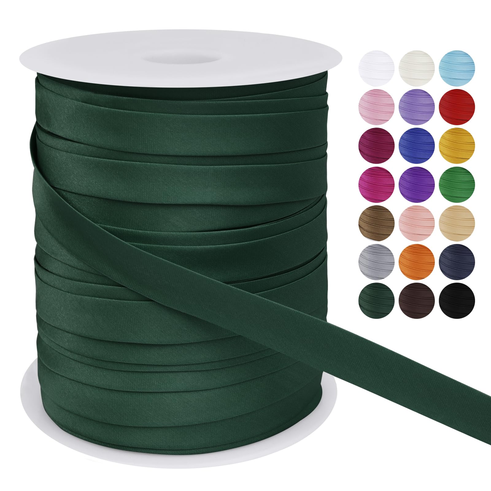 LEREATI Satin Bias Binding Tape for Sewing 3/5 Inch x 50m Sewing Bias Tape Double Fold, Upholstery Webbing Tape for Sewing, Bunting, Seaming, Quilting, Hemming (Dark Green)