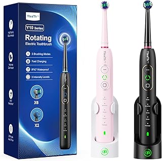 YTEATH PRO Rotierend Elektrische Zahnbürsten Doppelpack für Erwachsene und Kinder mit 10 Aufsteckbürste (2 Typen), 3 Intensitäten, 5 Modi, Electric Toothbrush mit Wandhalterung Ladestation