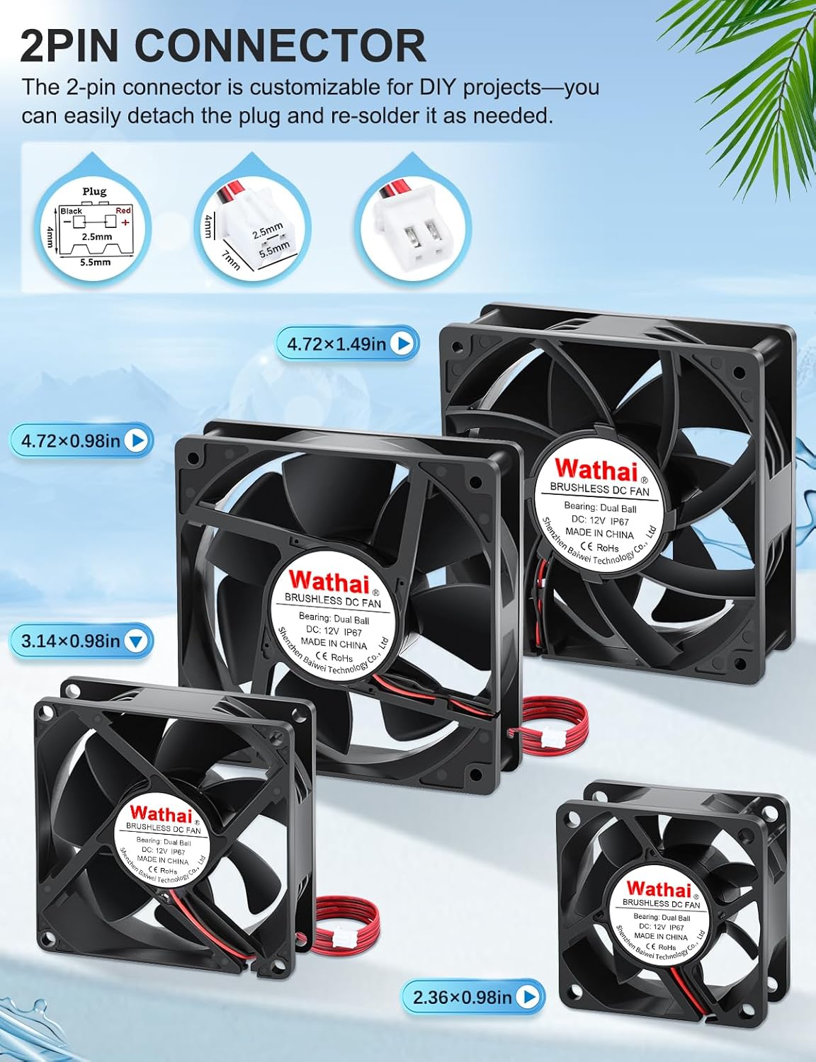 Wathai 120mm x 25mm DC 12V Waterproof Fan Dual Ball High Preformance for Electronic Equipment Cabinet or DIY Cooling Ventilation Exhaust Projects IP67 2 Pack