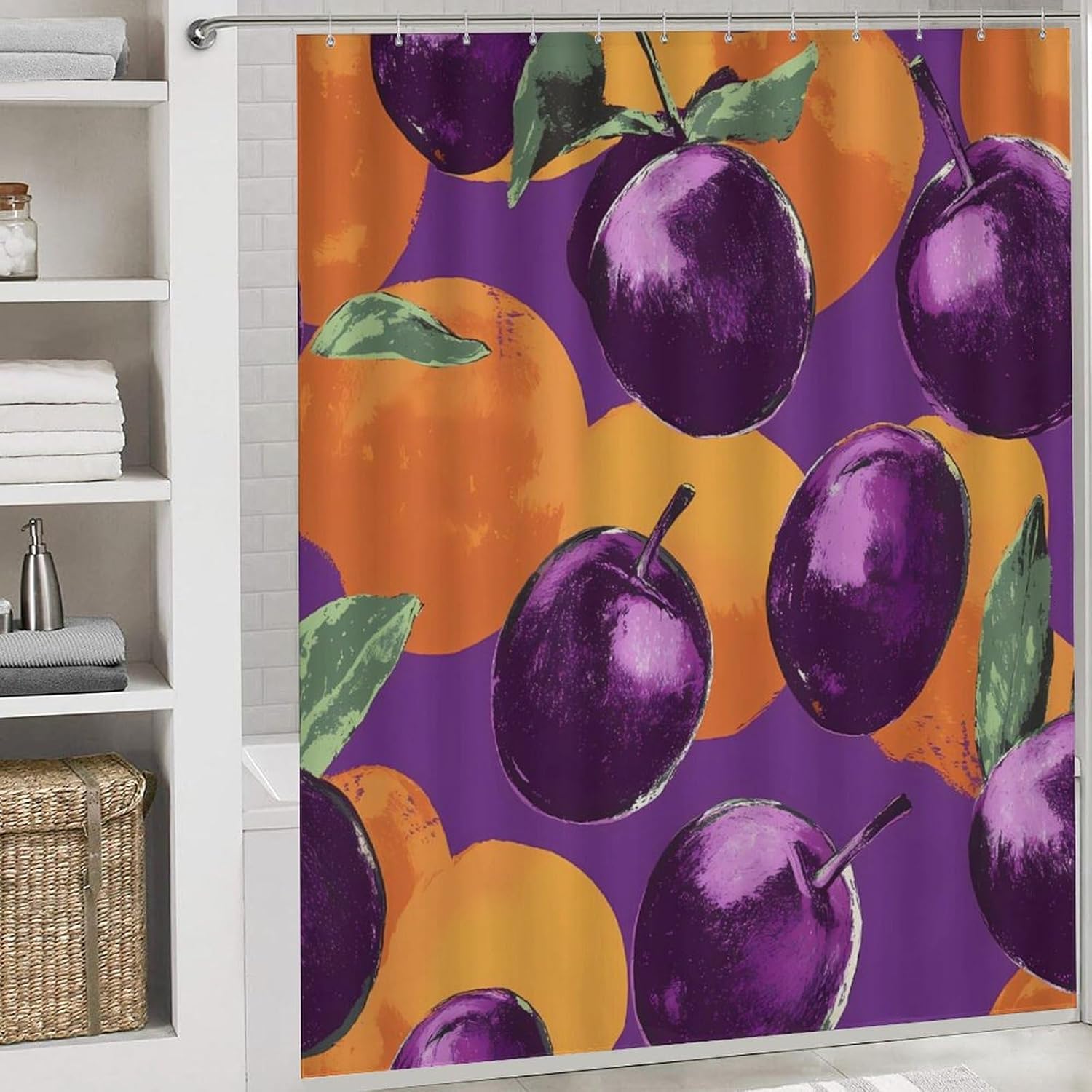 Plums and Orange Bathroom Sets with Shower Curtain and Rugs 4 Piece with U-Shaped Floor Mat Toilet Lid Cover